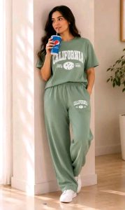 Women’s Premium Printed Co-Ord Set | Cotton Blend T-Shirt & Wide Leg Trousers | Stylish Casual Lounge Wear